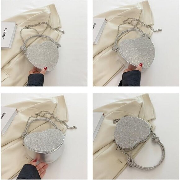 Women Evening Bag Silver Heart-Shaped Purse Crossbody Clutch Small - Picture 7 of 7